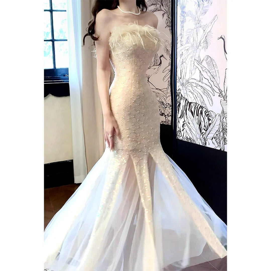 Feather Mermaid Strapless Waist Gown Dress