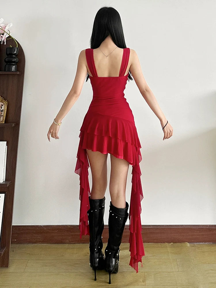 Sweet Bold Retro Asymmetrical Ribbon Waist-Cinched Mini Dress
