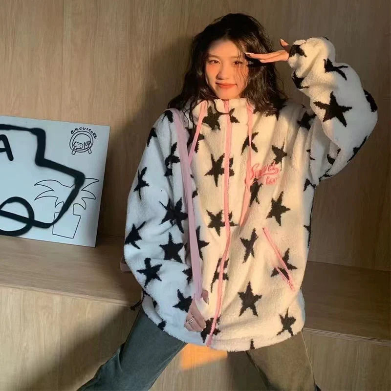 White Y2K Punk Star Lamb Fleece Hoodie