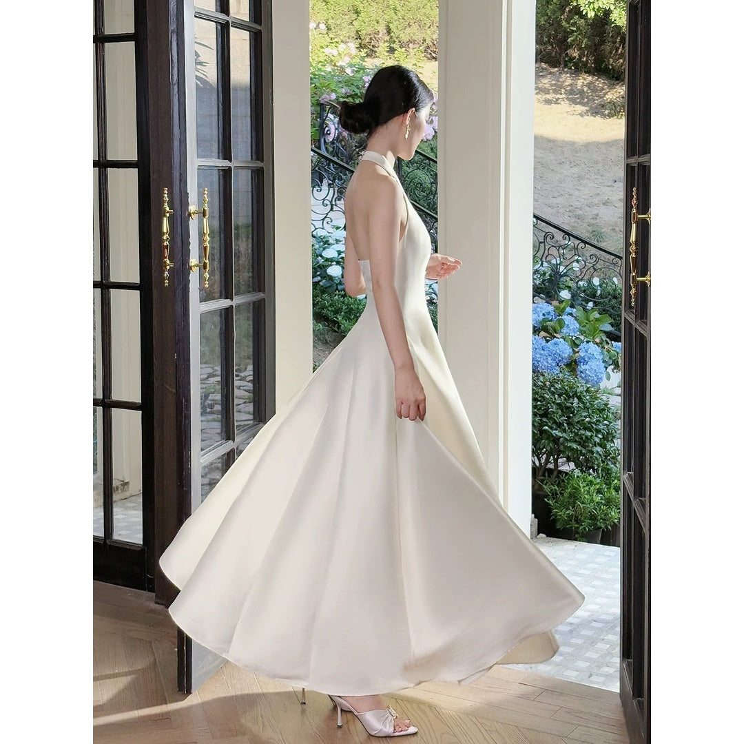 French Satin Halter Neck Waist Gown Dress