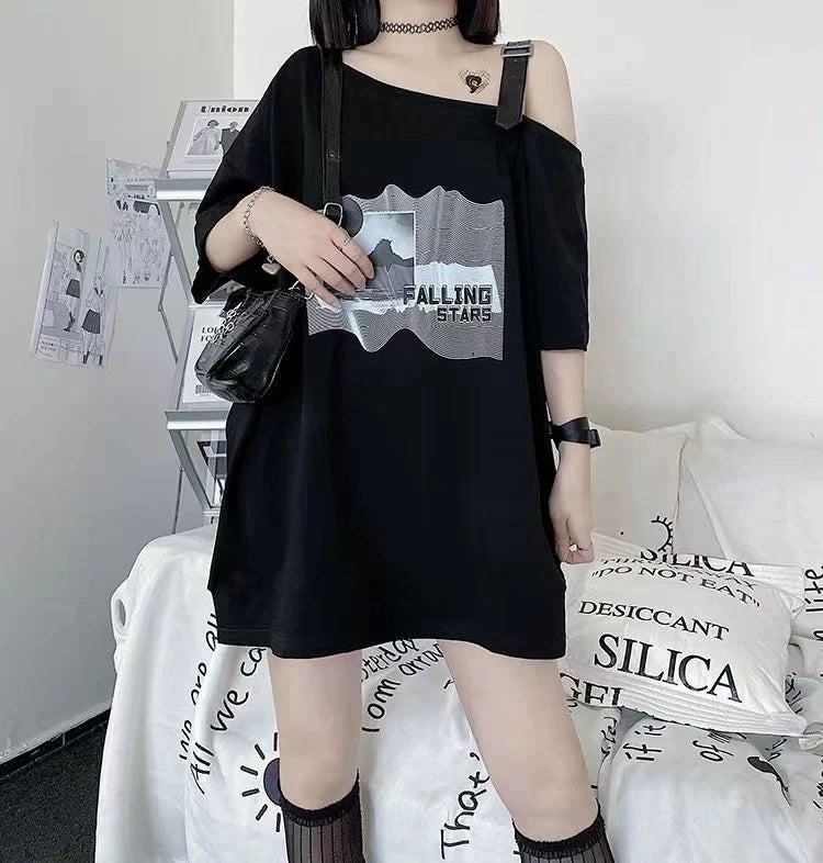 Black Subculture Y2K E-girl Off-Shoulder Mid-Length Lunar Eclipse Print Niche Oversized Short-Sleeve Top