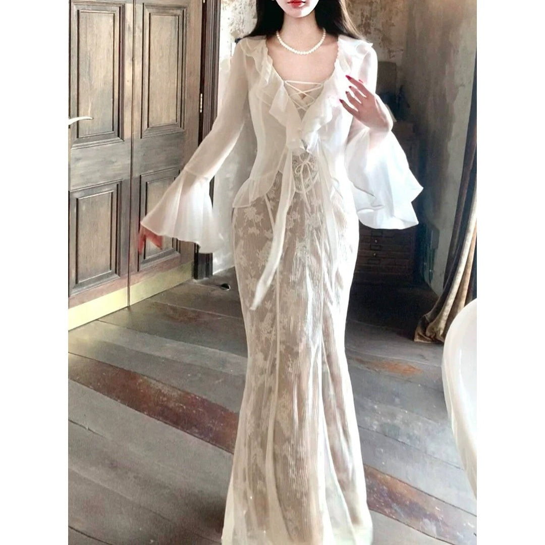 French Lace Pleated Spaghetti Gown Dress with Chiffon Cardigan