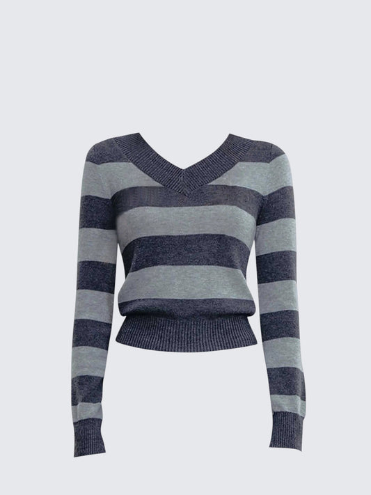 Retro V-Neck Striped Sweater Women Slim Fit