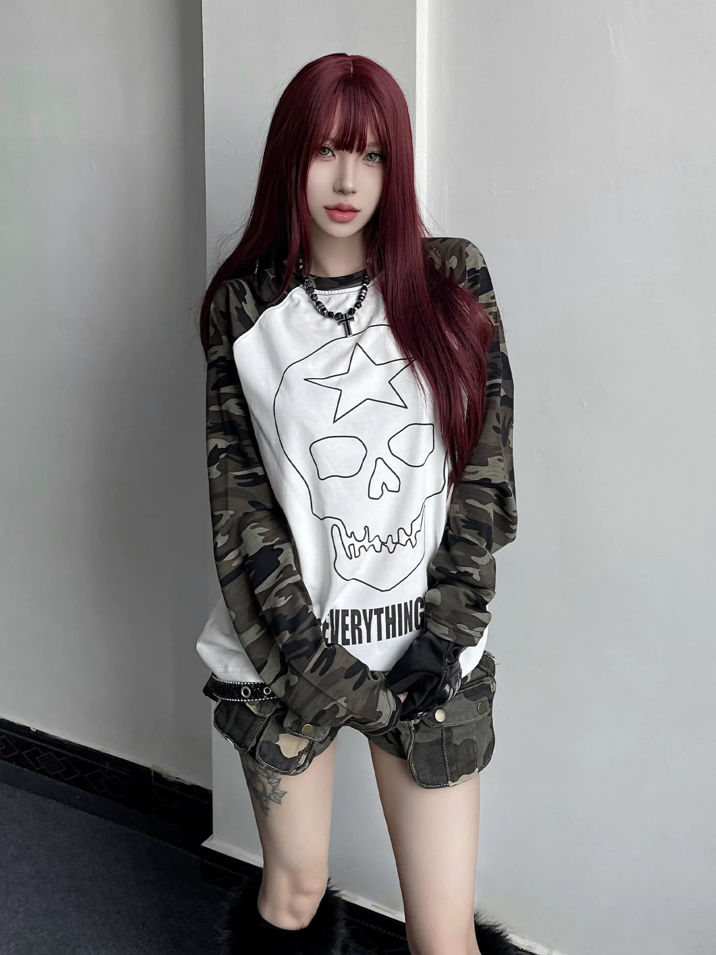 Visual Kei Camo Skull Long Sleeve Tee Autumn Raglan Sleeve Loose Base Top