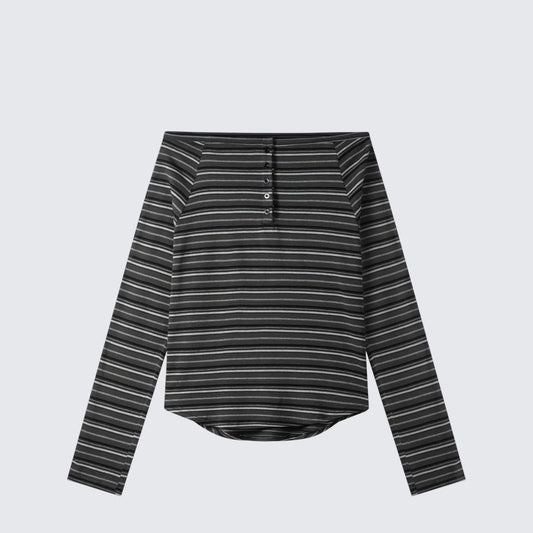 Korean Vintage One-Shoulder Stripe Tee