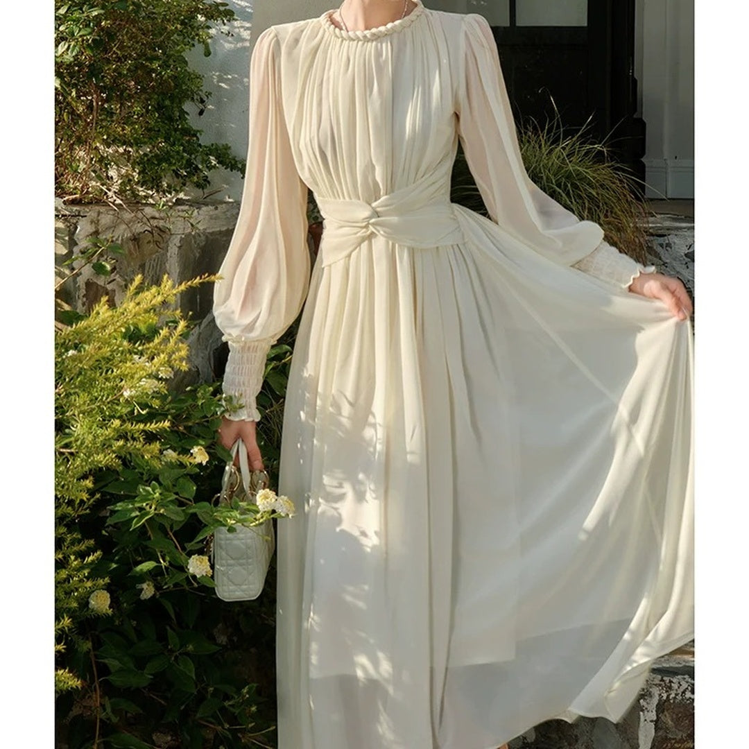 French Knot Waist Long Sleeve Chiffon Gown Dress