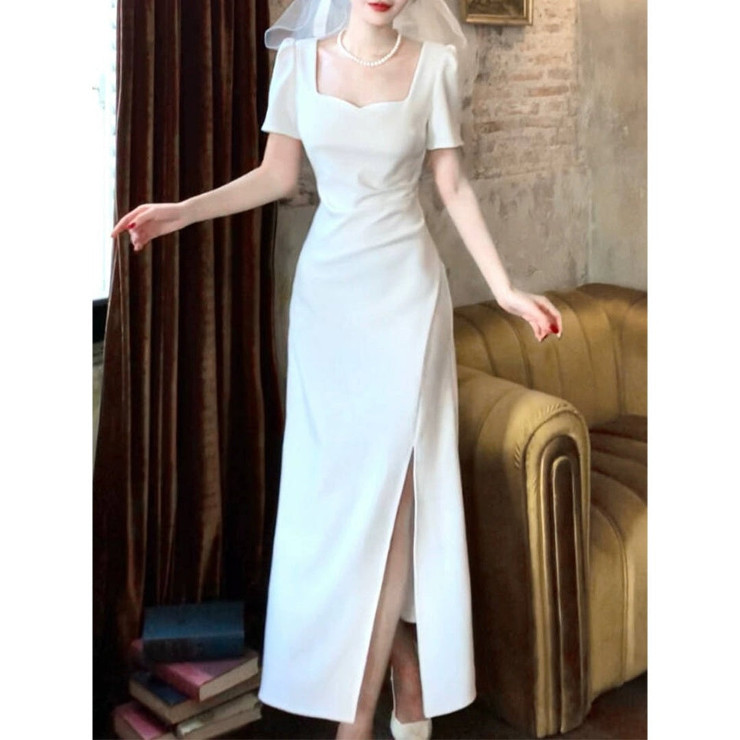 French Short Sleeve Square Neck Gown Dress