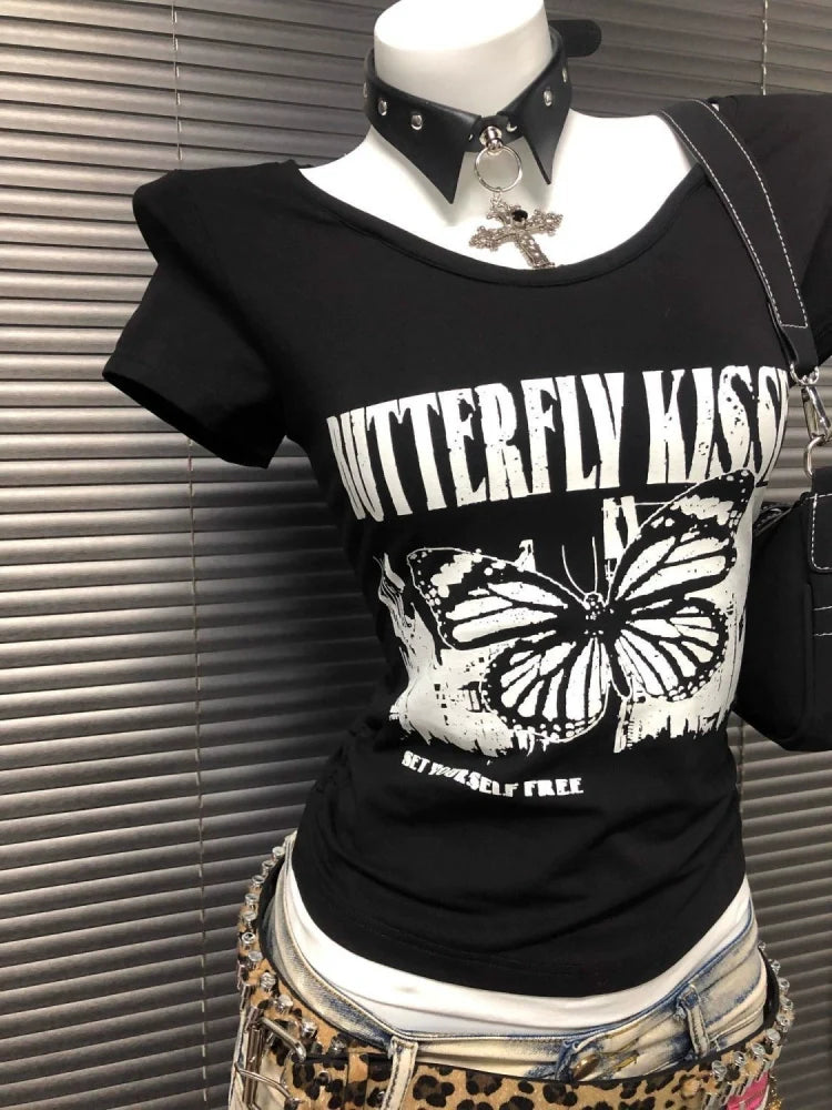 Black American Vintage Old-School Print Y2K T-Shirt