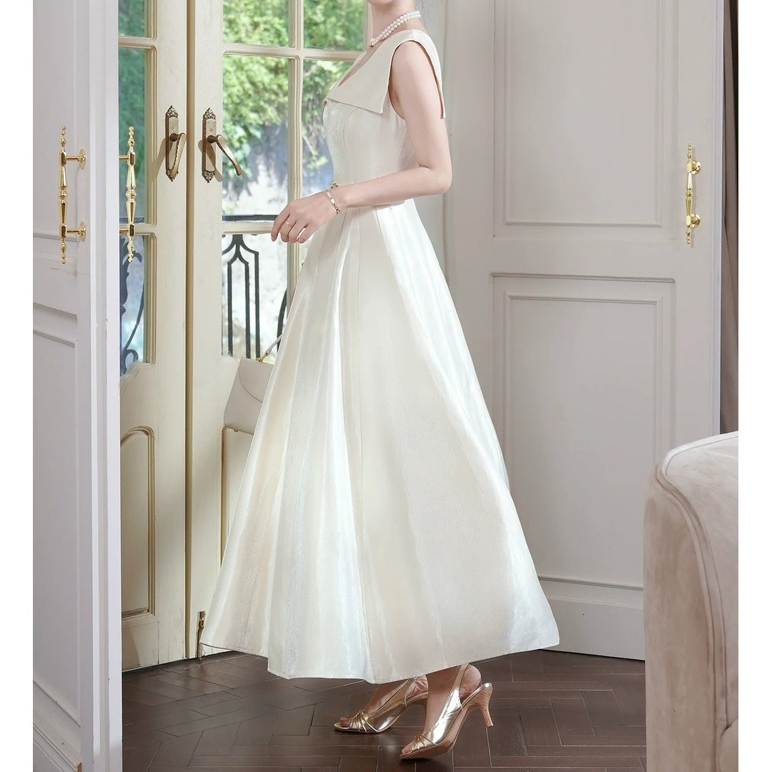 French Satin Sleeveless V-Neck Waist Gown Dress – Luxury Evening Dress