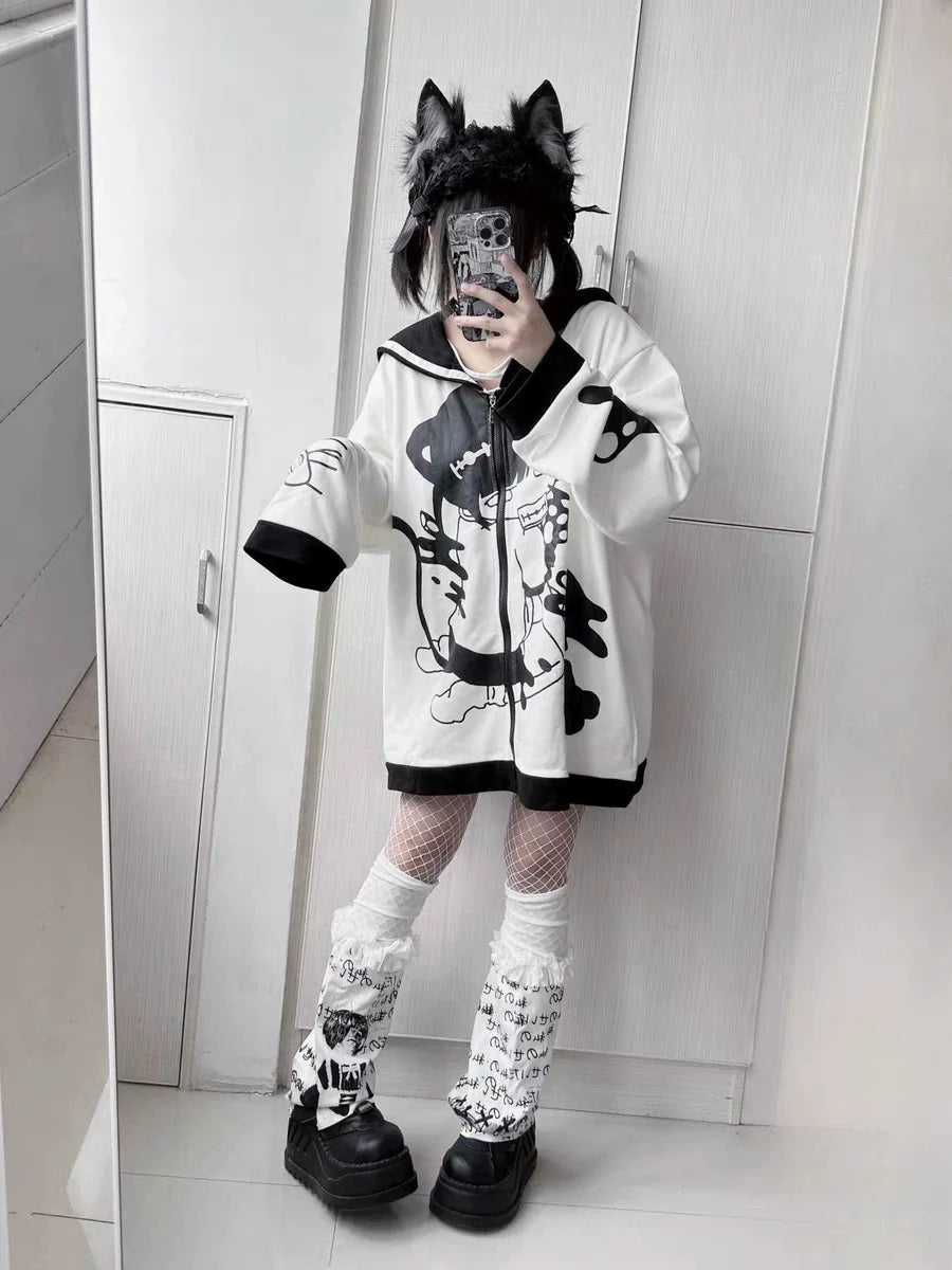 Black White Y2K Anime Injured Cat Print Cat-Ear Naval Collar Fleece Hoodie