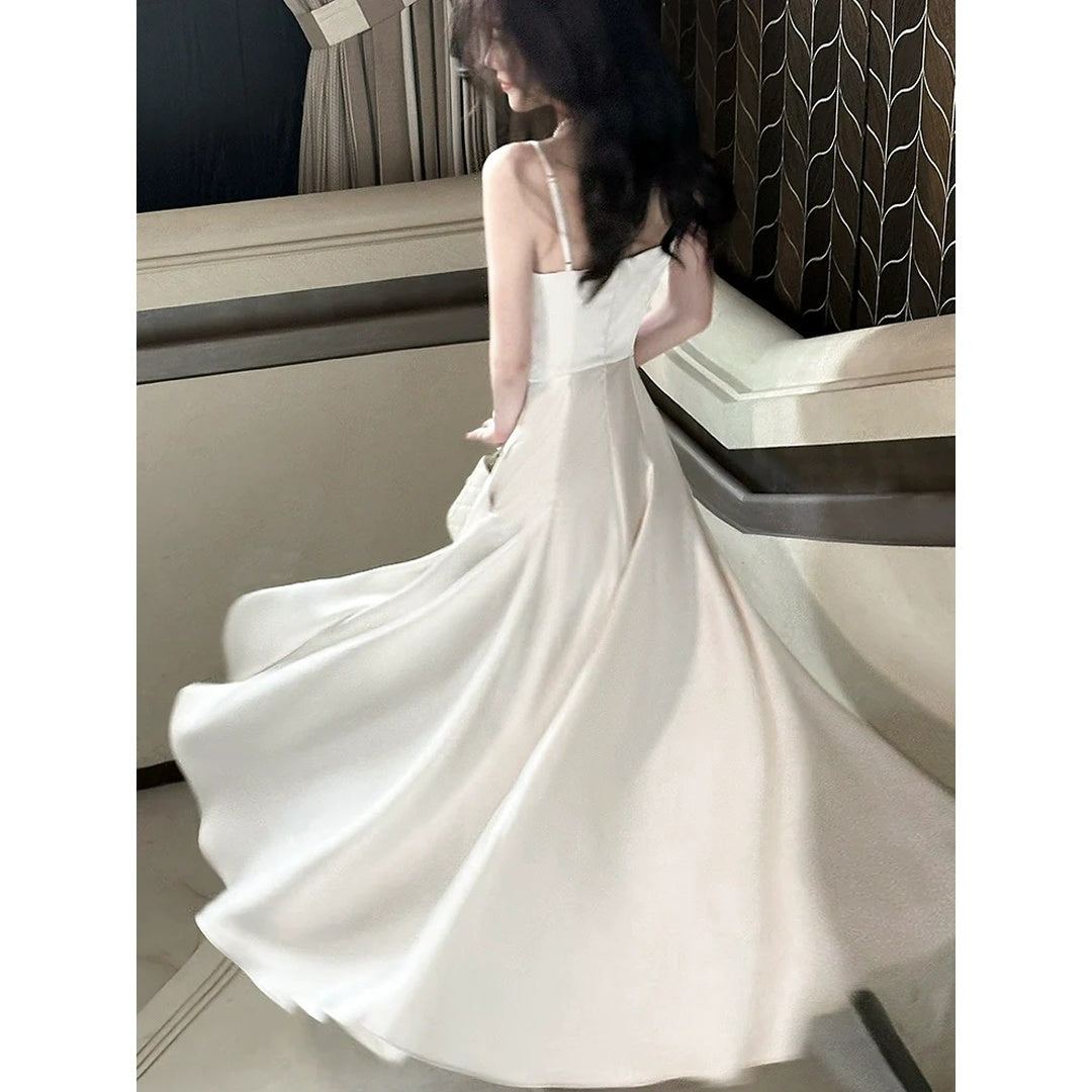 French Satin Spaghetti Strap Engagement Birthday Gown Dress