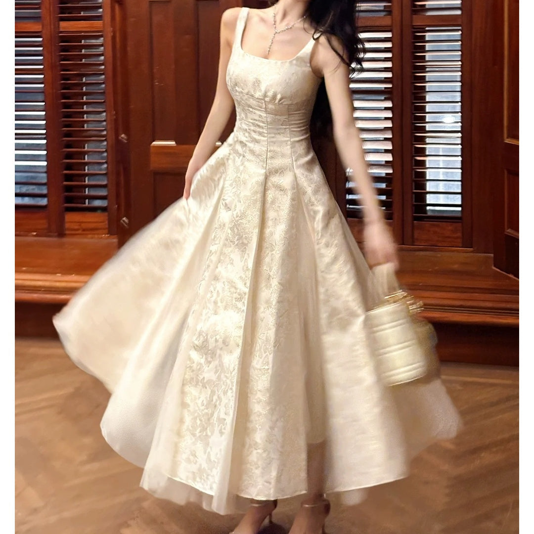 Floral Jacquard Mesh Tank Gown Prom Dress