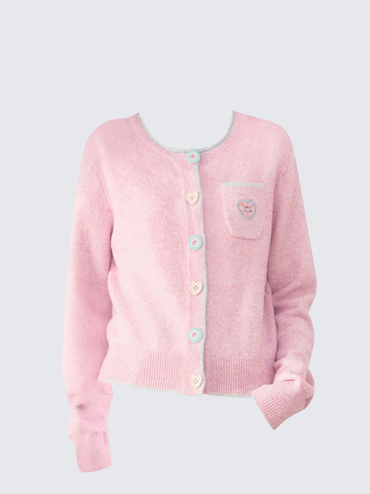 Heart Embroidered Color Button Cardigan