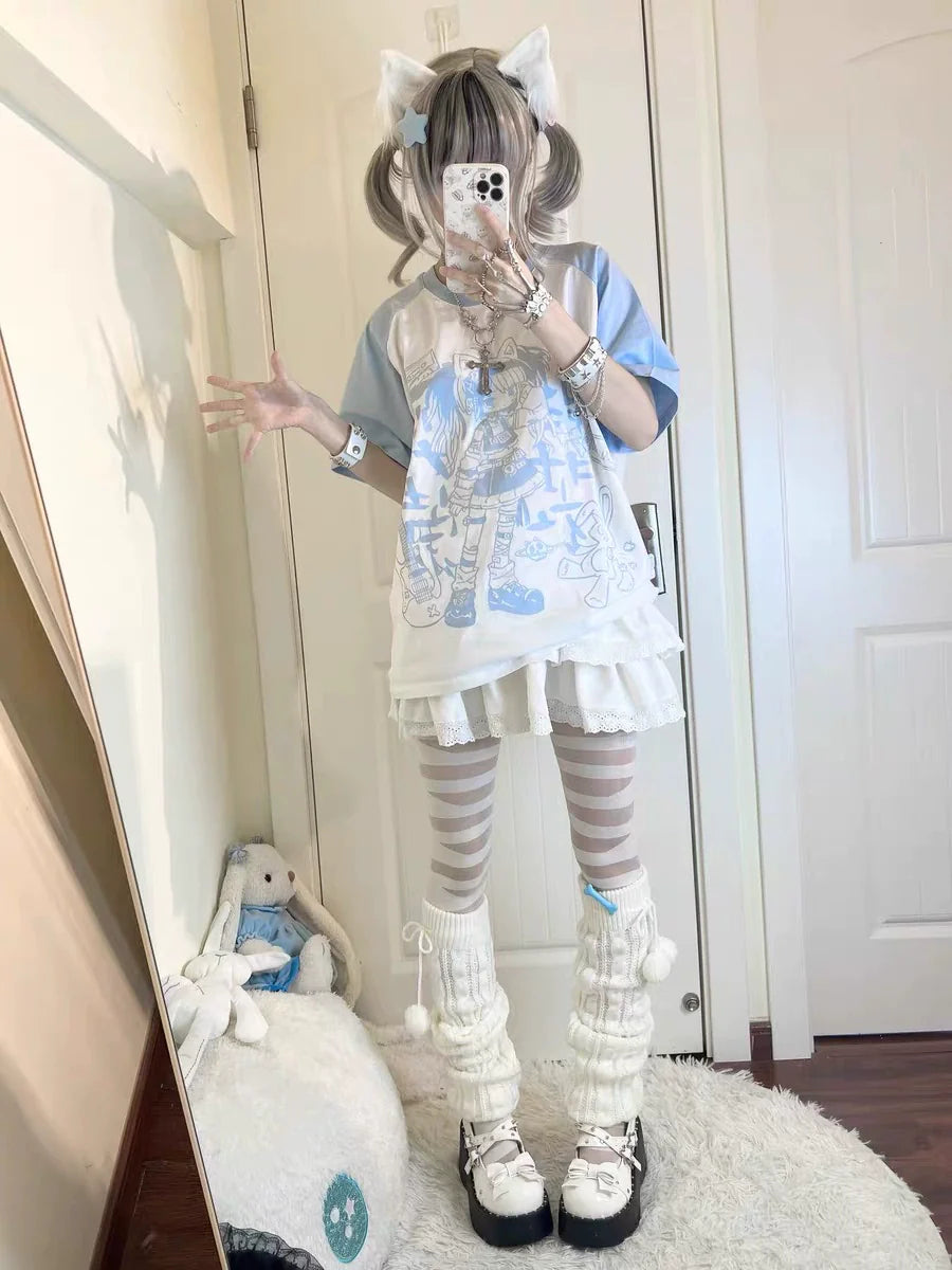 White & Blue Subculture Y2K E-girl Japanese Kawaii Sonic Cat Raglan-Sleeve Oversized Niche Top