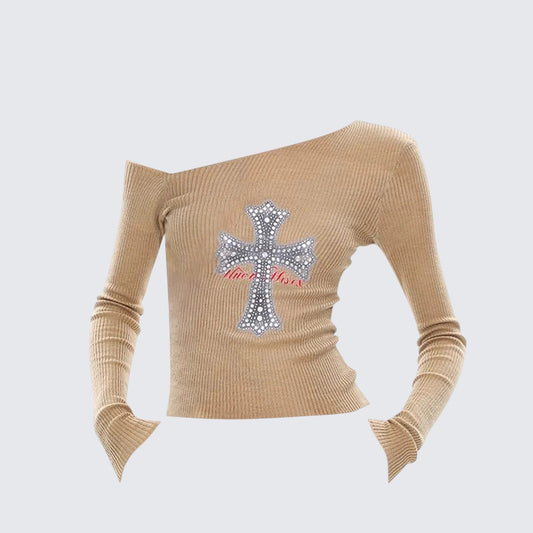 Rhinestone Diagonal Shoulder Knit