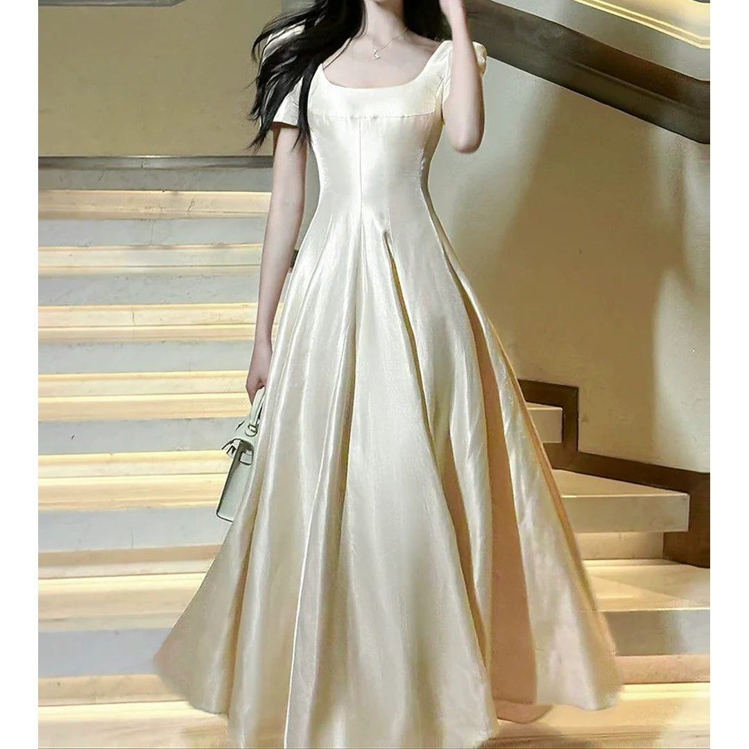 French Retro Square Neck Satin Gown Dress – Hepburn Style Engagement Dress