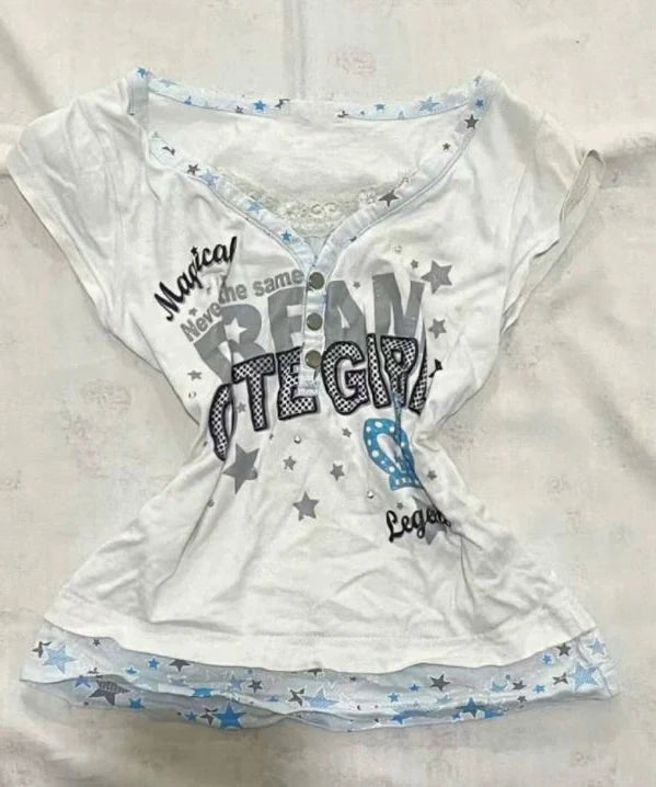 White Fake Two-Piece Subculture Y2K E-girl Shibuya Girl Abi American Retro Star Short Sleeve Top