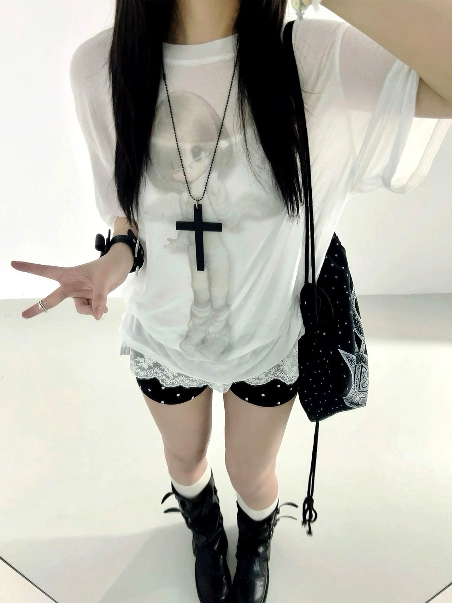 Y2K White Angel Sheer Tee Otaku Soft Mesh Layer Top