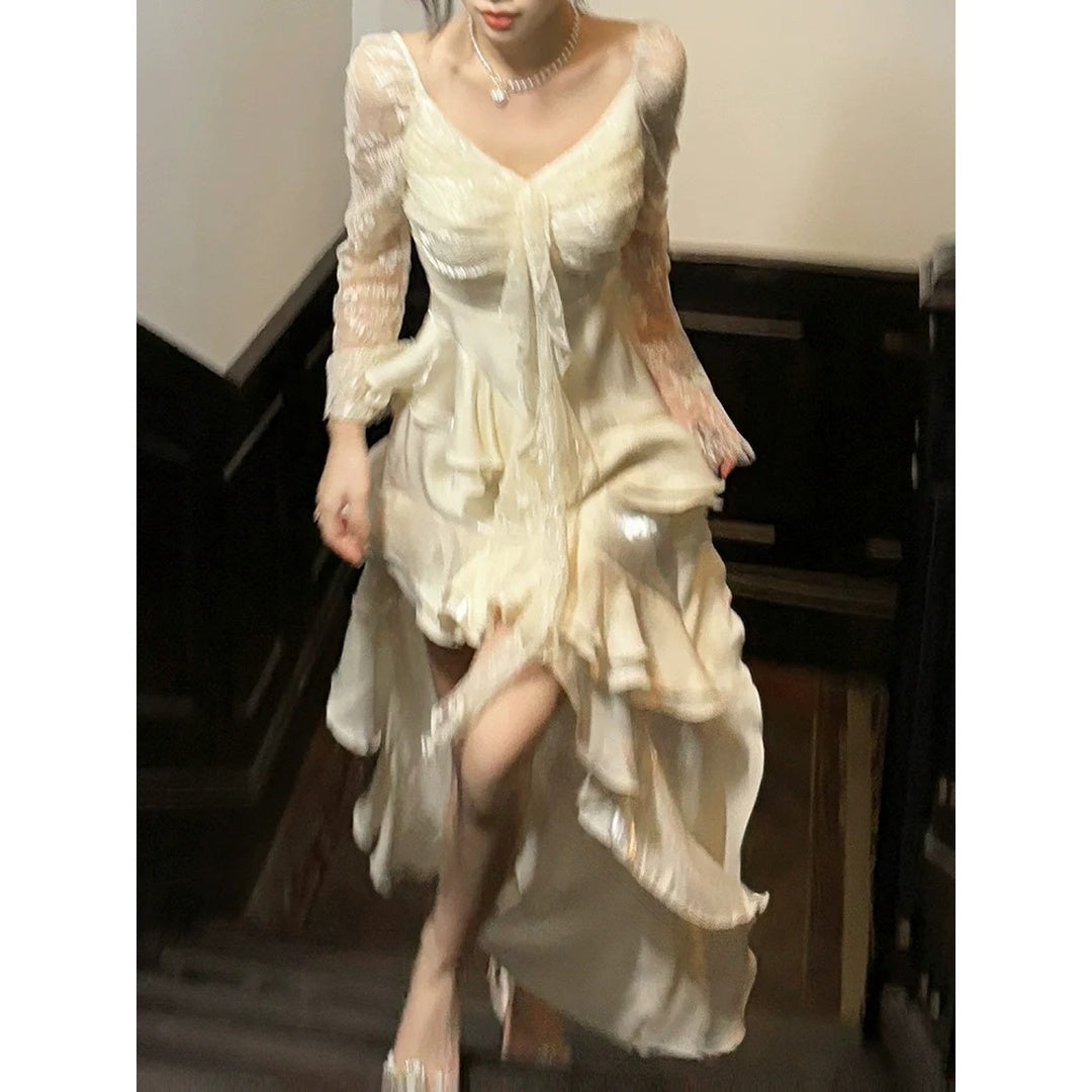 French Lace Long Sleeve Ruffle Waist Gown Dress