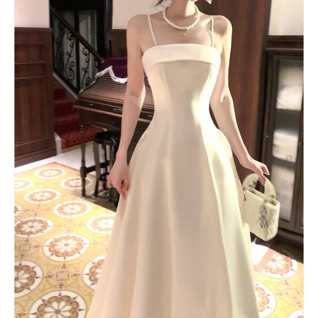 French White Spaghetti Strap Satin Bustier Waist Gown Dress