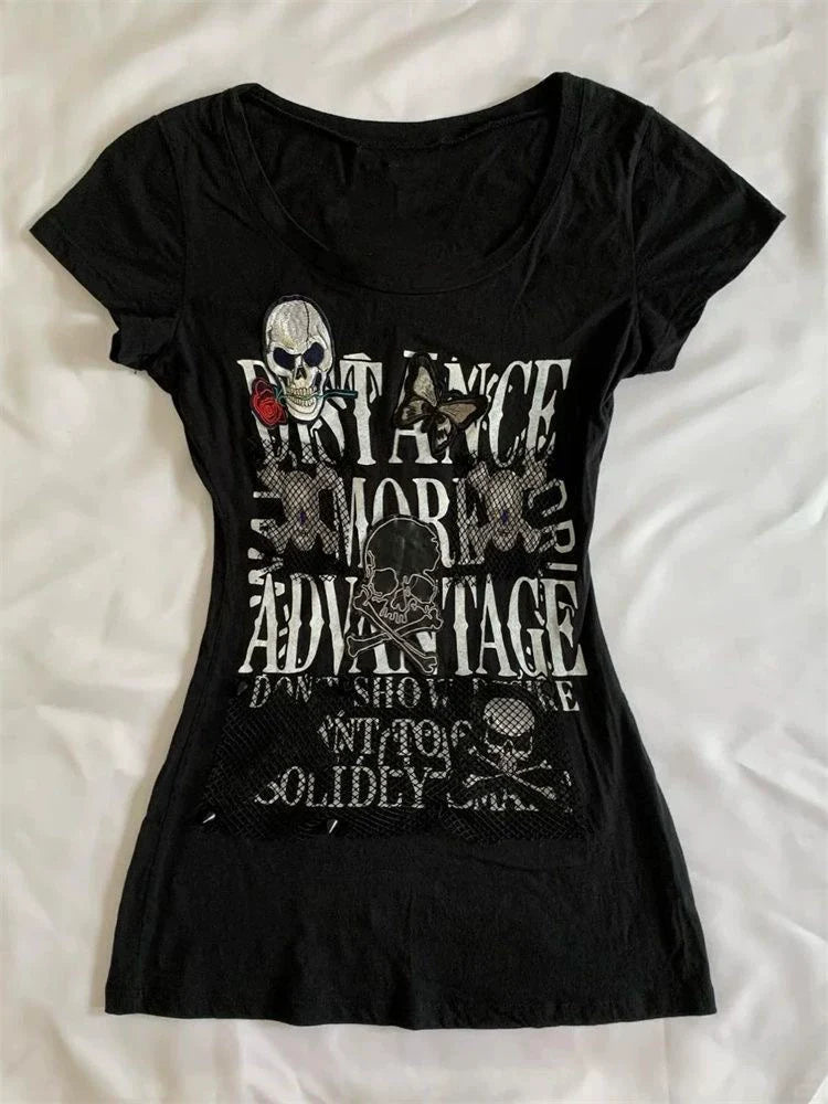 Black Subculture Gothic Rock Punk Y2K Abi E-girl Retro Print Light Subculture Short Sleeve Top