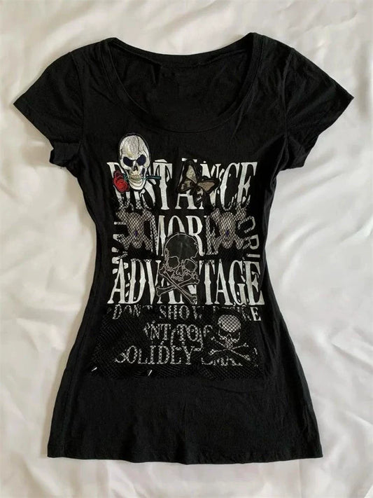 Black Subculture Gothic Rock Punk Y2K Abi E-girl Retro Print Light Subculture Short Sleeve Top