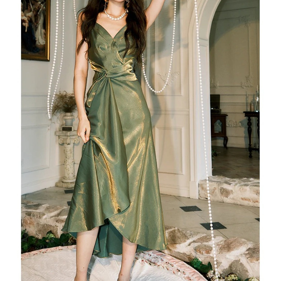 Green Waist-Flattering Spaghetti Gown Dress