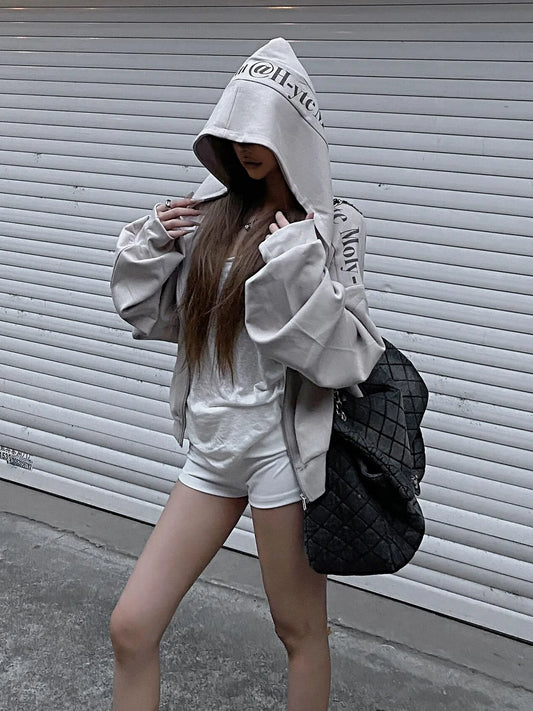 American Short Zip Hoodie Vintage Letter Print Cropped Sweatshirt