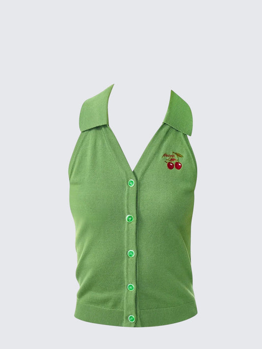 Green Cherry Embroidered Knit Vest