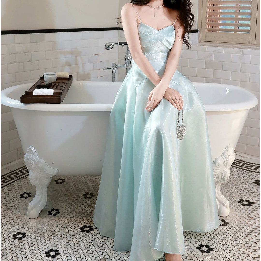 French Blue Spaghetti Strap Fitted Waist Flared Gown Dress