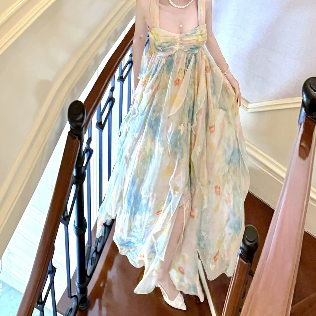 French Ruffle Butterfly Embroidered Spaghetti Strap Gown Dress