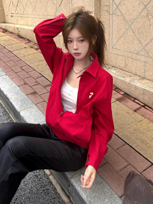 American Red Retro Jacket Autumn-Winter Casual Loose Fit Vintage Collar Top