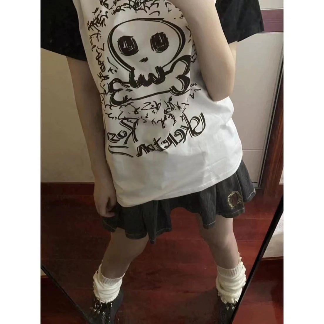 Black and White Bone Print Color Block Raglan Sleeve Oversized Y2K T-Shirt