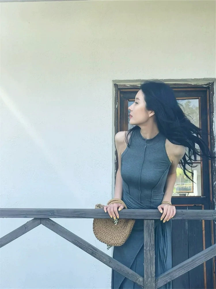 High-End Gray Modal Tank Dress Fake Two-Piece Bodycon