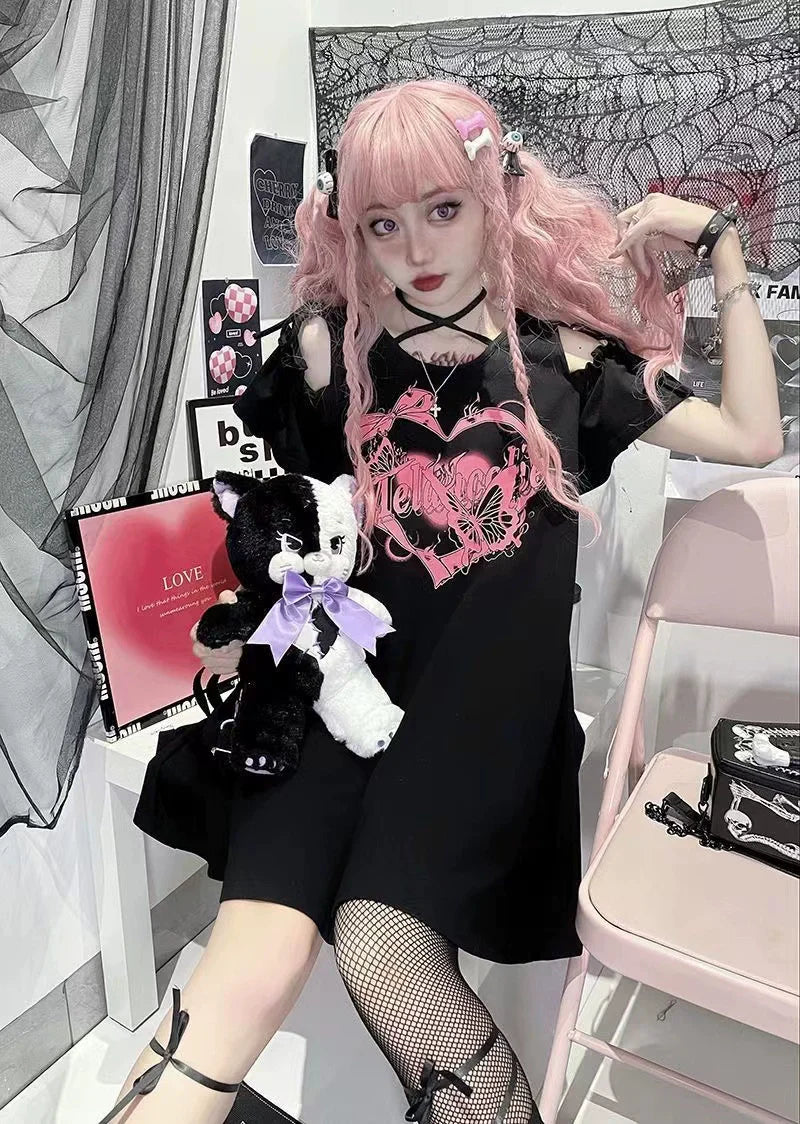 Black Subculture Y2K E-girl Ash Heart Bow Off-Shoulder Print T-shirt Dress