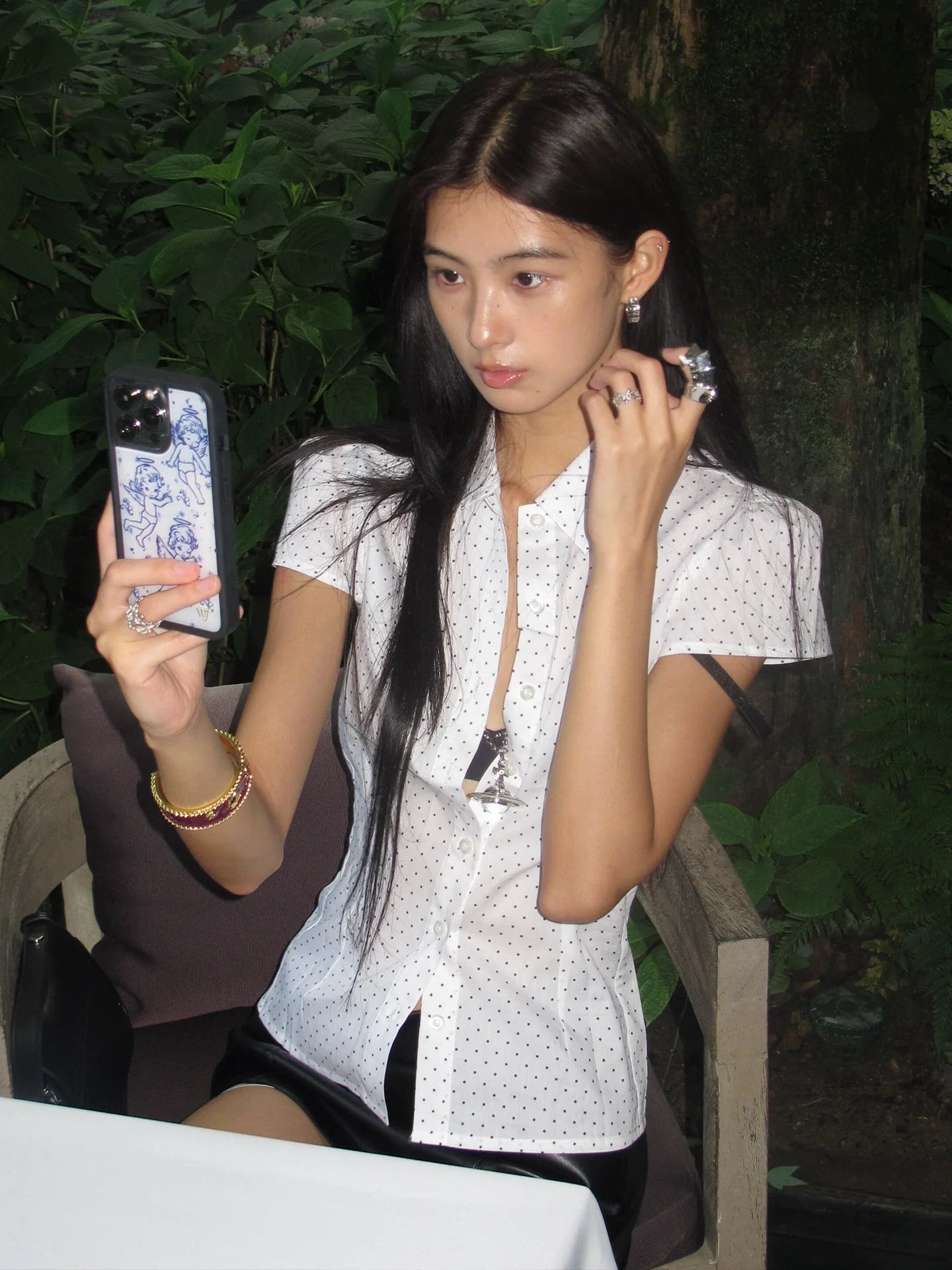 Y2K White Star Polka Dot Short Sleeve Shirt Fitted Structured Shoulder Cropped Vintage Top