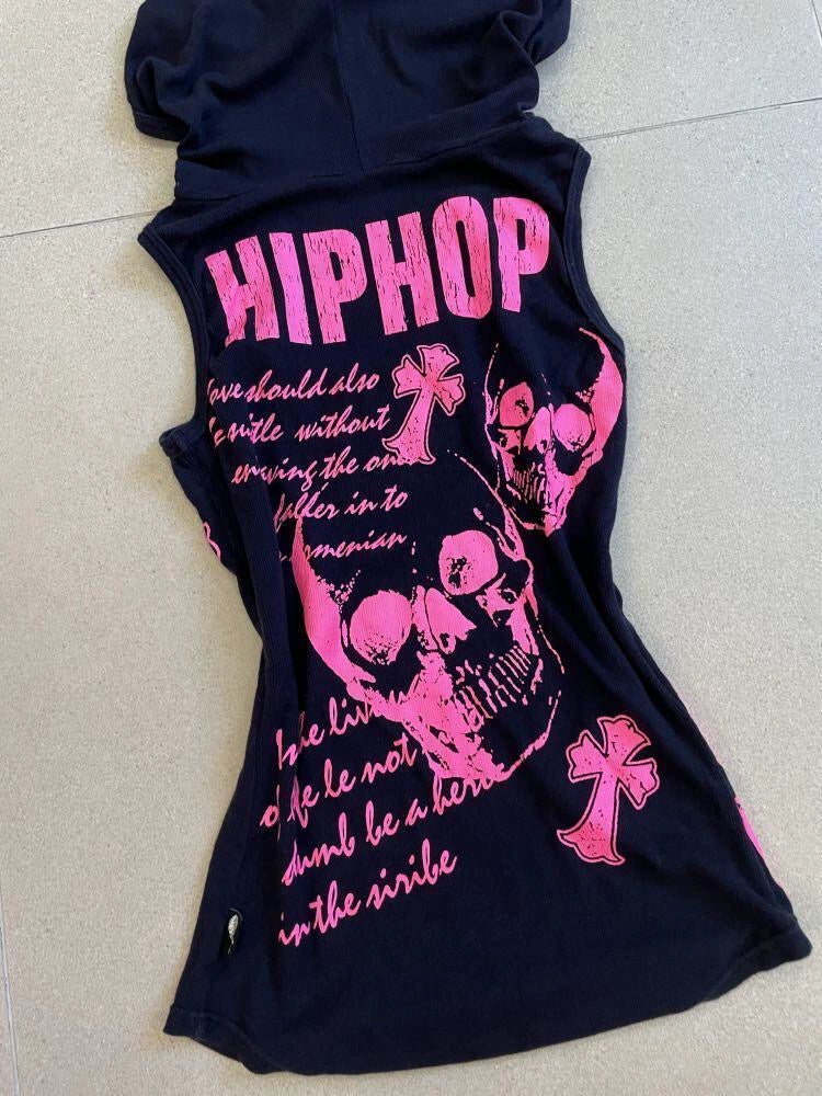 Skull Sleeveless Hooded Y2K T-Shirt