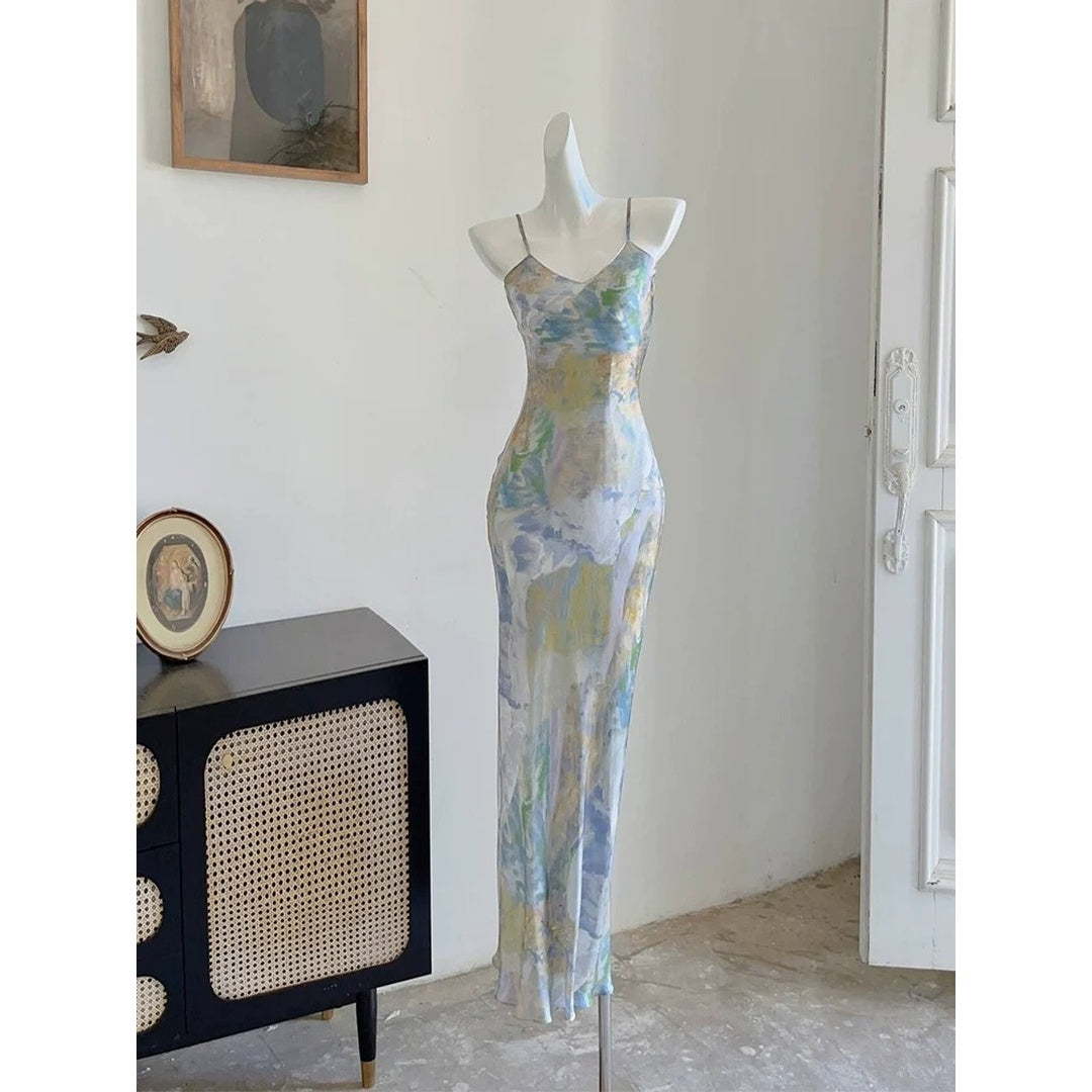 Moonlight Sea Draped Printed Spaghetti Strap Gown Dress