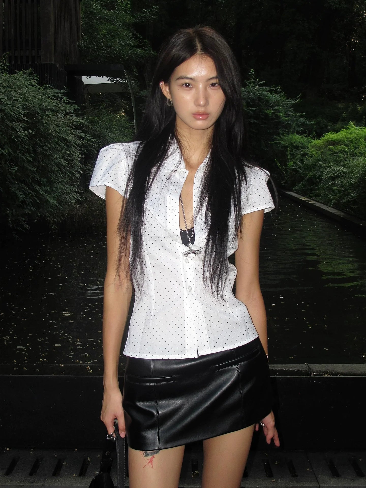 Y2K White Star Polka Dot Short Sleeve Shirt Fitted Structured Shoulder Cropped Vintage Top