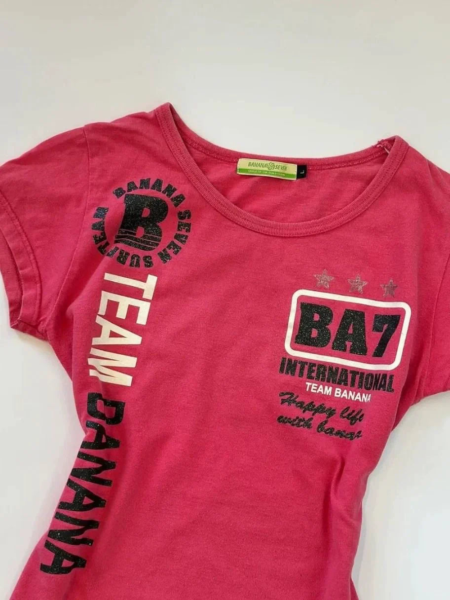 Magenta Subculture Y2K E-girl Abi American Retro Vintage Print Slim Short Sleeve Top