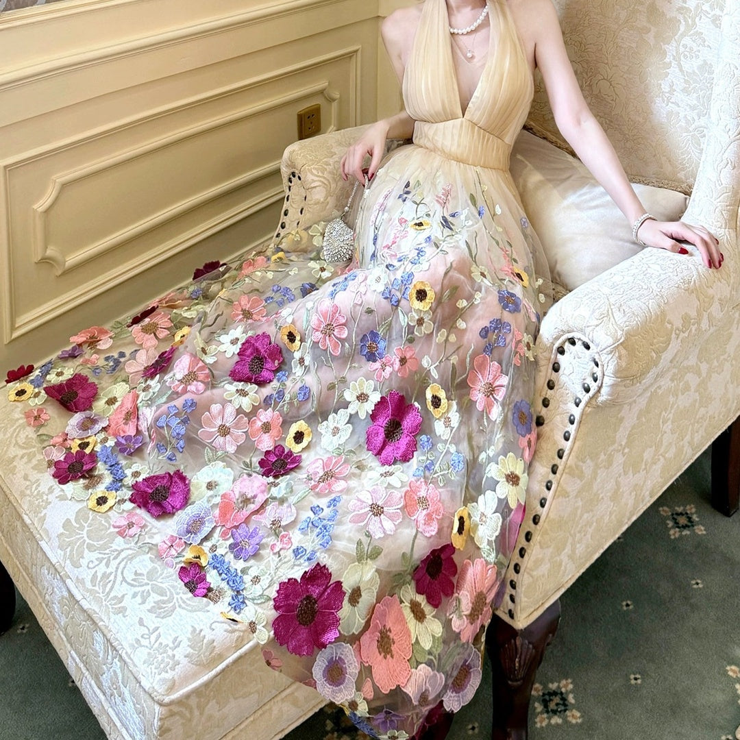 French Embroidered Halter Floral Gown Dress