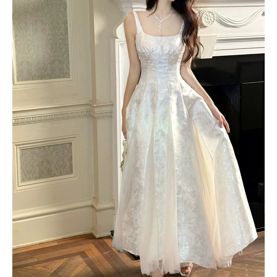 Floral Jacquard Mesh Tank Gown Prom Dress