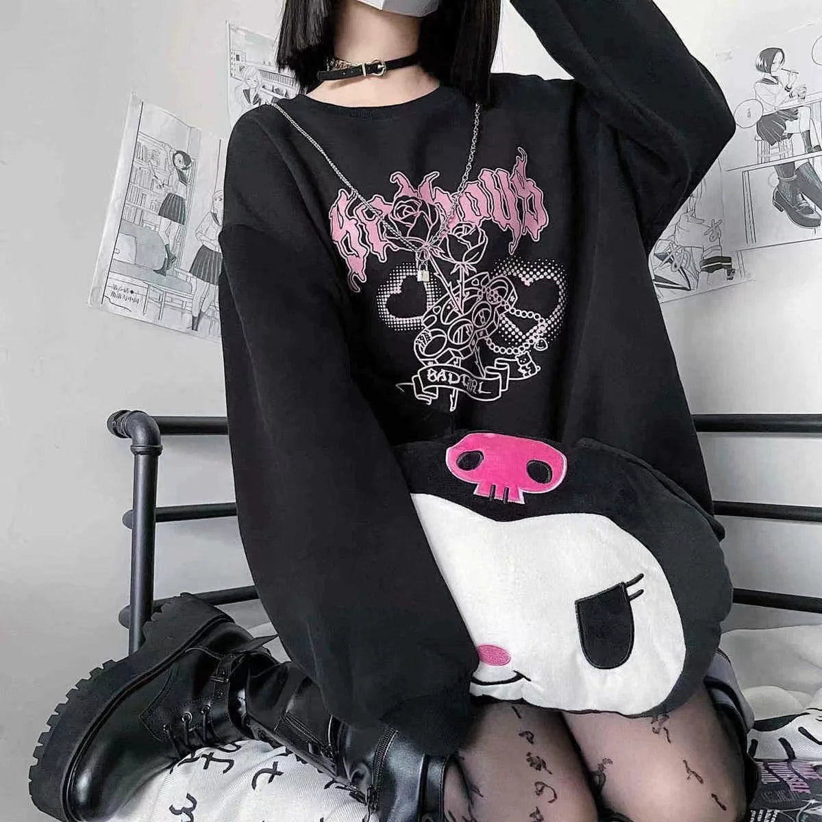 Black Y2K Harajuku Anime Terry-Cloth Hoodie