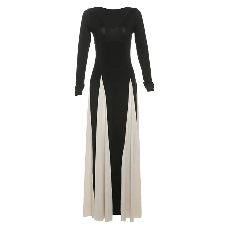 French Chic Retro Color-Block V-Neck Maxi Dress