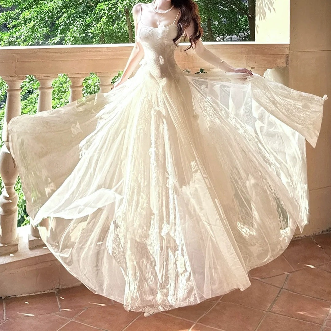 French Lace Floral Tulle Spaghetti Strap Gown Dress