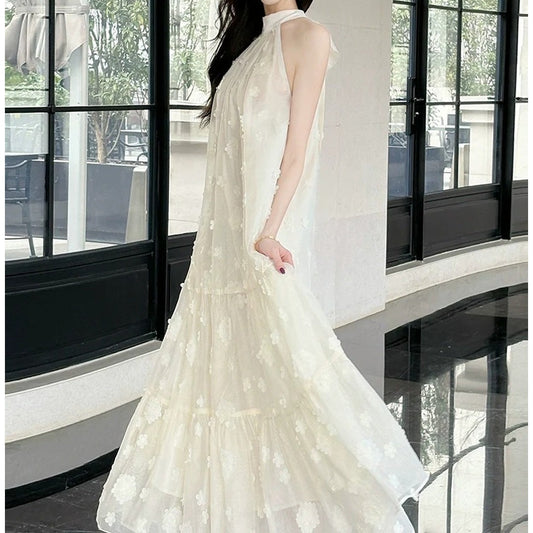 White Embroidered Halter Floral Tulle Gown Dress