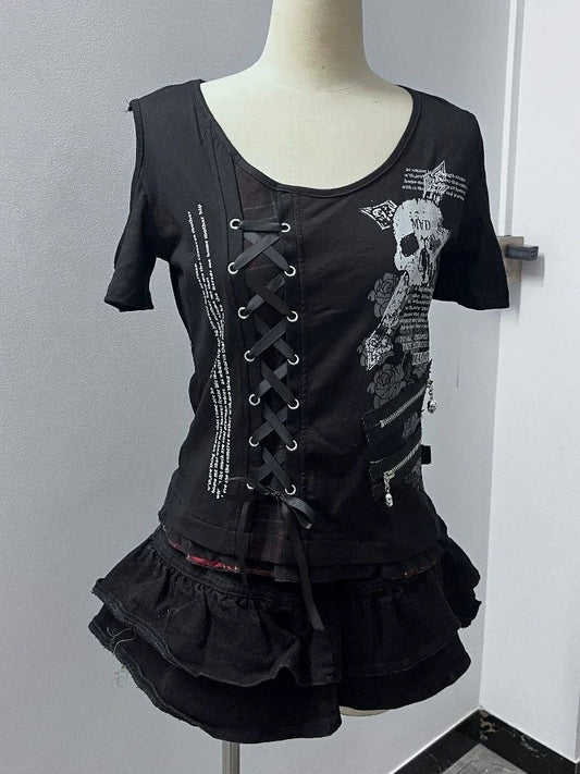 Black Skull Tie Subculture Punk Y2K E-girl Shibuya Girl Abi American Retro Print Light Subculture Short Sleeve Top