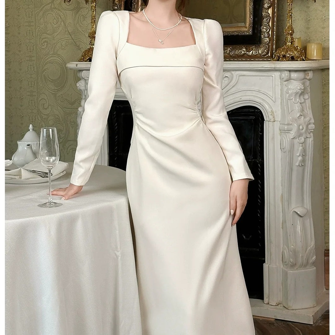 French Long Sleeve Square Neck Gown Dress – Engagement and Party Dress