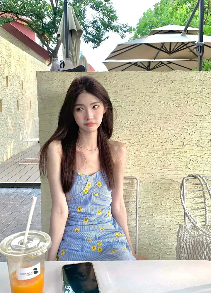 Striped Halter-Neck Open-Back Maxi Dress