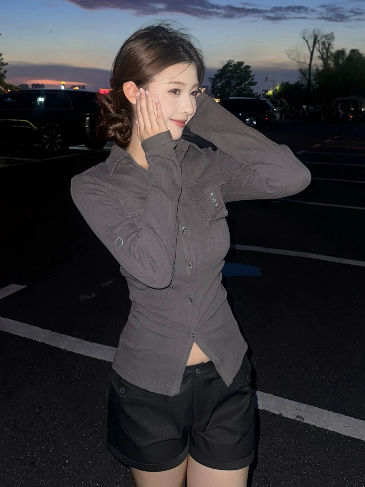 Korean Striped Slim Fit Shirt Early Autumn Stretch Waist Design Long Sleeve Top